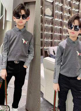 童装秋冬新款儿童条纹衬衫男童毛衣马甲洋气中大童针织假两件上衣