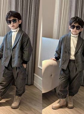 男童休闲套装年货2024冬装新款英伦风儿童西装夹棉中大童两件套潮