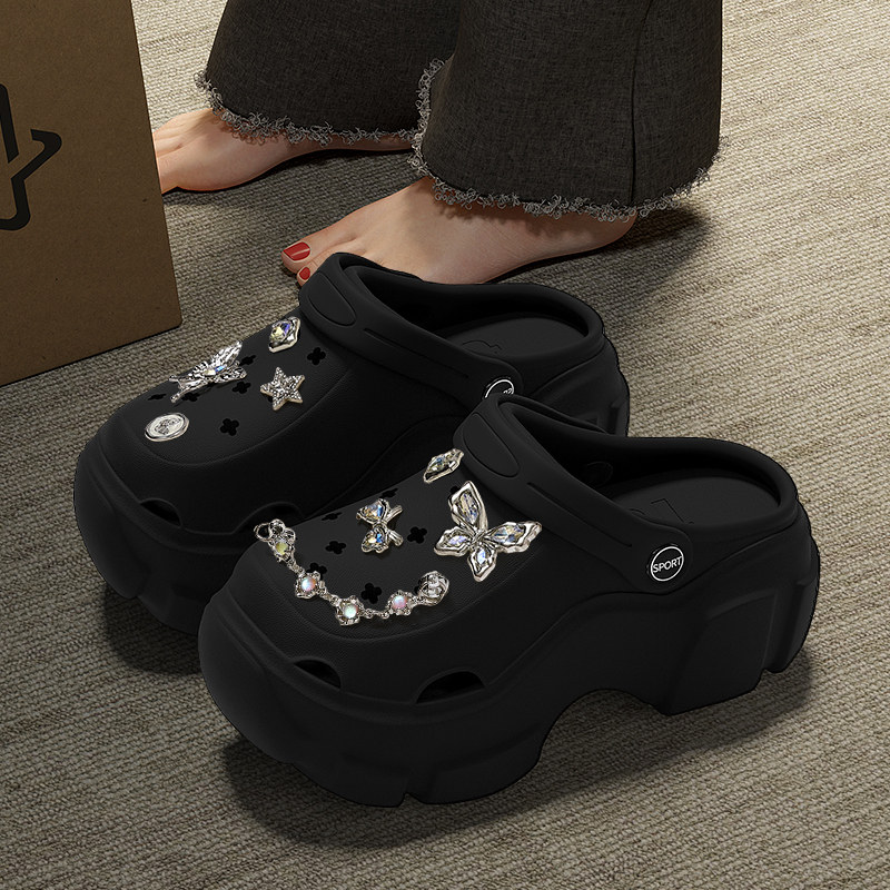 适配crocs蝴蝶鞋花黑色洞洞鞋夏图片