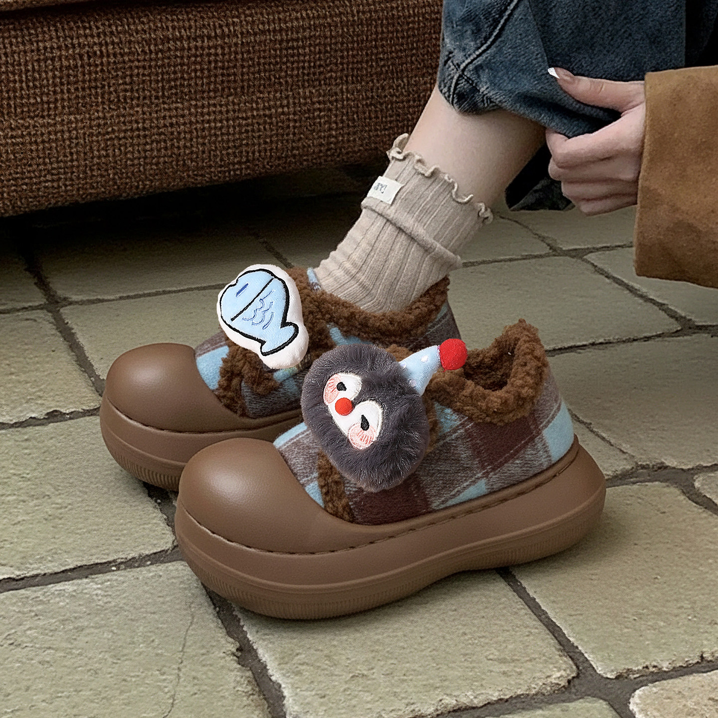 复古撞色棉拖鞋女士冬季包跟2025新款外穿加绒加厚底保暖棉鞋女款,女鞋,包头拖,淘宝优惠券,粉丝福利购,淘宝优惠卷