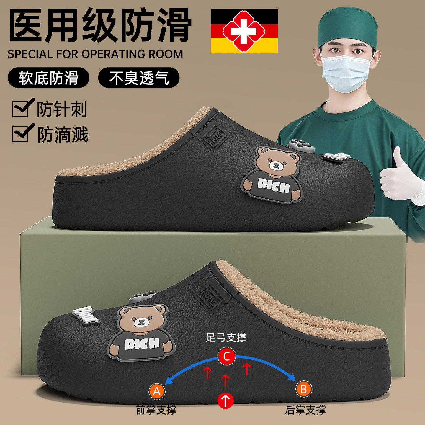 手术室防水防滴溅加绒棉拖鞋男款