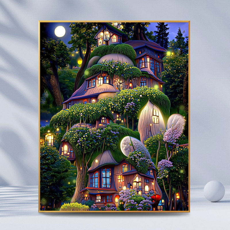 森林小屋|数字油画diy手工填色治愈蘑菇小屋唯美梦幻卧室油彩挂画