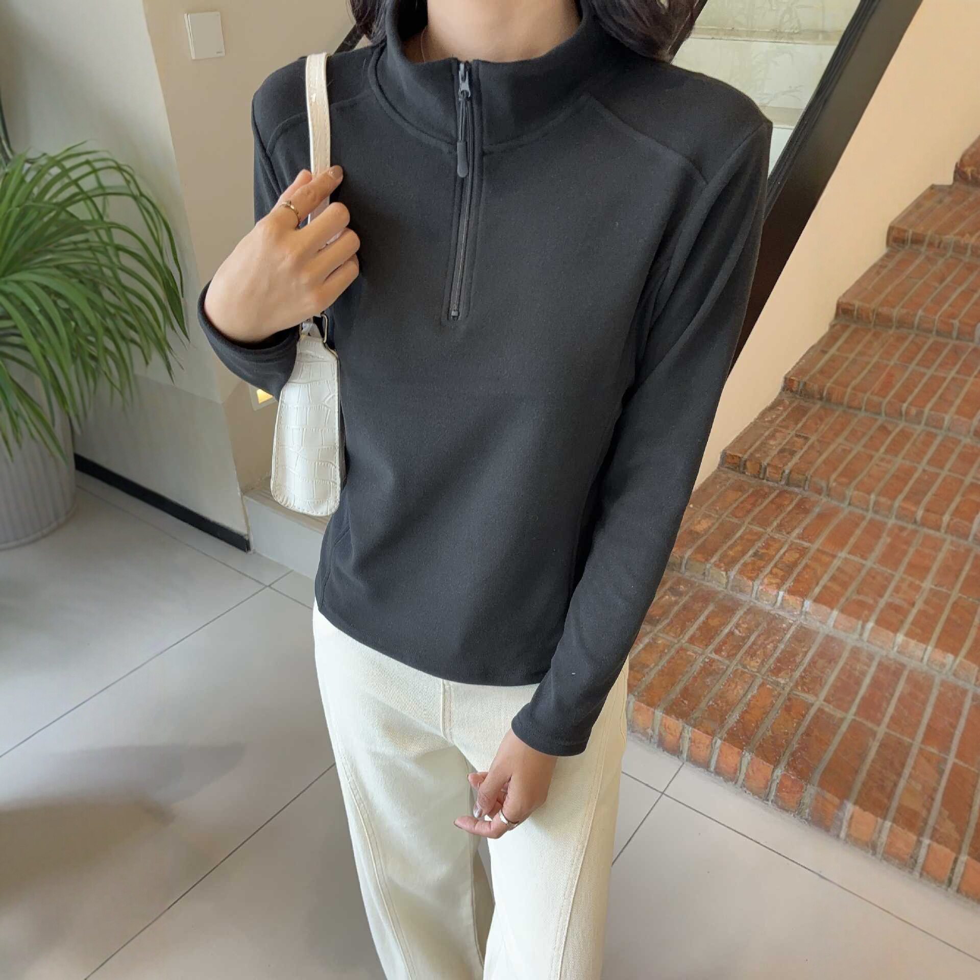 韩版高领卫衣新款加绒立领半拉链长袖打底衫女秋冬季修身保暖