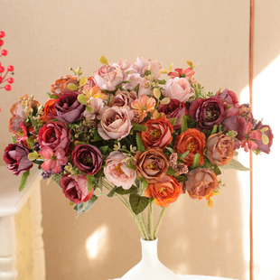 复古做旧仿真珠串玫瑰花小花束单枝假花仿真花绢花摆设插花插件