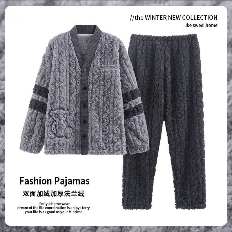 法兰绒睡衣男款冬季加厚加绒2024新款男士秋冬保暖家居服套装外穿
