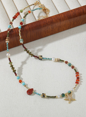 英国Cherry KittyLISHAN海洋风蓝松石海星玛瑙斑点石项链手工