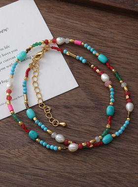 英国cherry kitty民族多彩复古石撞色手工串珠项链淡水珍珠百搭