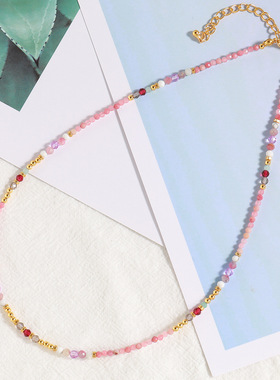 英国cherry kitty夏日清新彩色复古串珠项链波西米亚石颈链小众