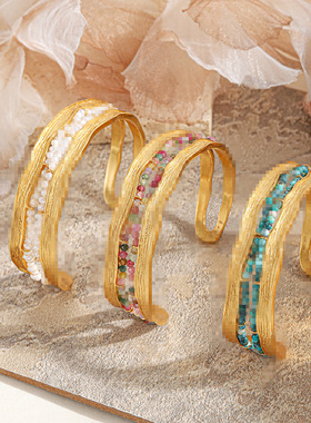 英国cherry kitty轻奢铜欧美开口手镯复古镂空时尚石几何珍珠