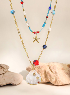 英国cherry kitty夏威夷贝壳度假项链春夏时髦海星蓝色米珠项链