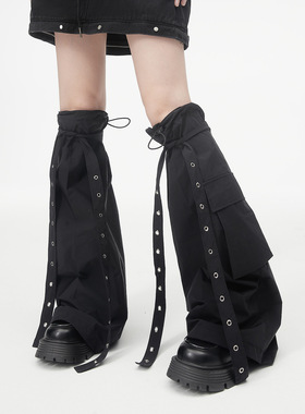 辣妹喇叭阔腿工装袜套抽绳可调节y2k飘带机能个性腿套长筒及膝袜