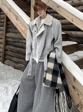 Med老叔 冬季加厚羊毛氛围高级感毛毛座山雕夹棉毛呢短款外套男女