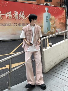 Med老叔 复古粉色牛仔套装男潮夏无袖马甲短款外套牛仔裤搭配一套