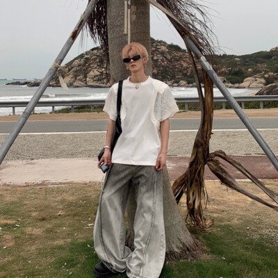 拼接痞帅中长垫肩夏季短袖T恤男