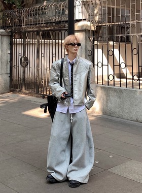 Med老叔 小众设计高定款“银龙脊”银色金属脊椎设计感垫肩皮外套