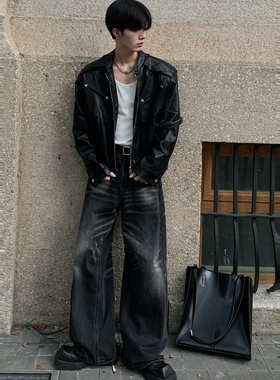 Med老叔｜黑色垫肩皮衣外套男2022秋冬潮牌设计感宽松休闲百搭款