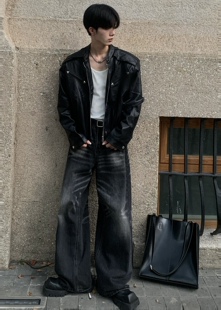 Med老叔｜黑色垫肩皮衣外套男2022秋冬潮牌设计感宽松休闲百搭款