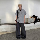 Med老叔 上衣潮 T恤男痞帅半袖 夏季 高级感小众设计半拉链垫肩短袖