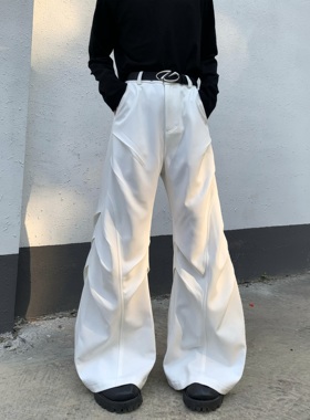 Med老叔 原创重工设计褶皱拖地微喇叭休闲裤子宽松直筒垂感西裤男