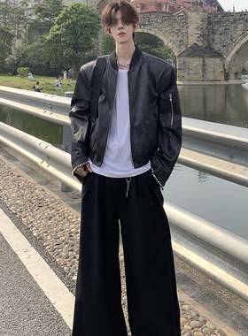 Med老叔 原创小众设计感雅痞重工袖口钉珠空军皮衣外套男女夹克潮