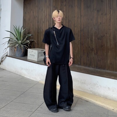 双拉链设计垫肩短袖T恤半袖上衣