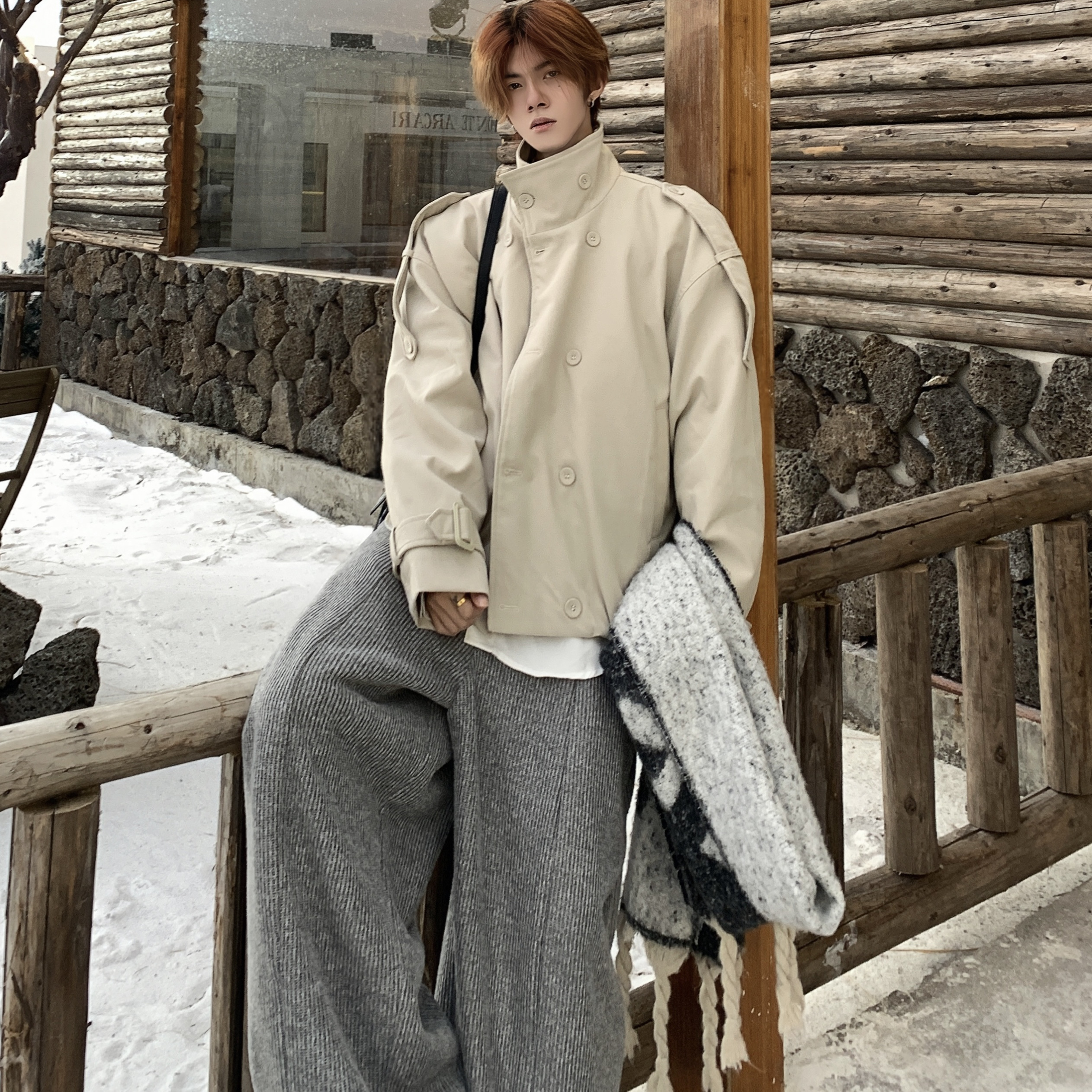 双排扣立领加厚夹棉短款夹克外套