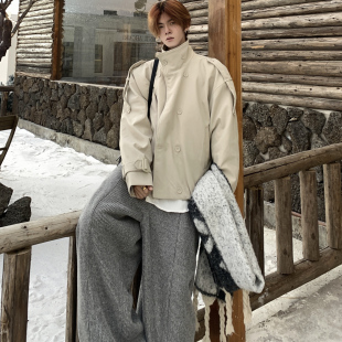 Med老叔 复古冬季双排扣设计感立领加厚夹棉短款风衣廓形夹克外套