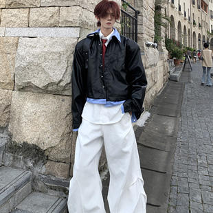 皮衣夹克男秋冬宽松外套潮 复古解构设计感假两件短款 Med老叔 美式