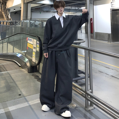 假两件拼接撞色翻领长袖休闲套装