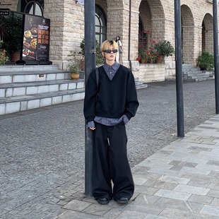 Med老叔 美式潮牌小众时髦高街假两件翻领卫衣衬衫拼接层次感上衣