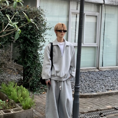 翻领痞帅V领假两件卫衣男长袖