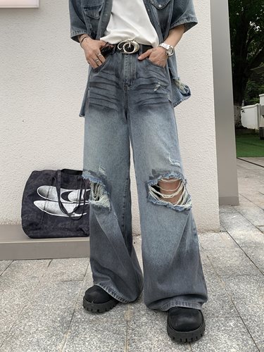 拉链长裤做旧夏季旧脏染牛仔裤