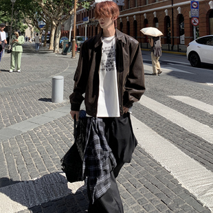 复古痞帅宽松夹克潮 美式 Med老叔 美拉德棕色做旧PU皮衣外套男秋季