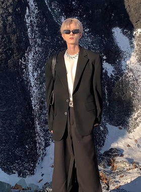 Med老叔 韩系美拉德无性别oversize廓形黑色西装厚款宽松休闲西服
