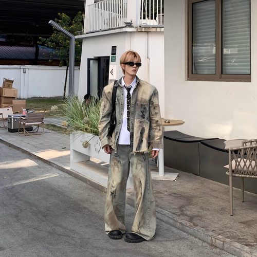 手绘牛仔套装夹克宽松长裤两件套