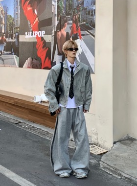 Med老叔 原创灰色小众简约立领大口袋工装夹克高级感牛仔宽松外套