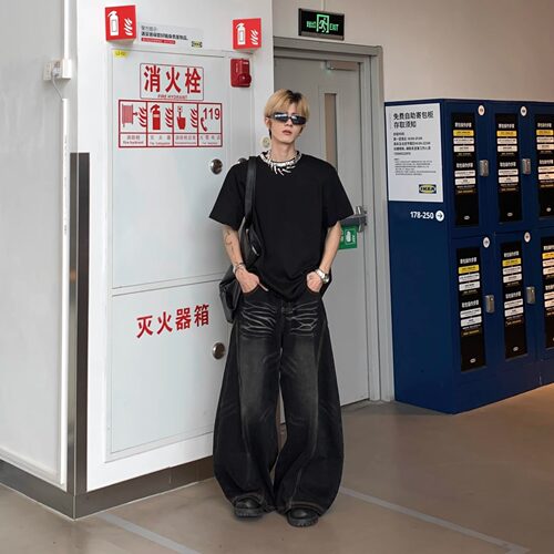 领口带钻重磅垫肩短袖男廓形T恤