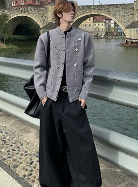 双层领垫肩针织衫男开衫毛衣外套
