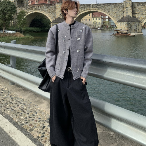 双层领垫肩针织衫男开衫毛衣外套