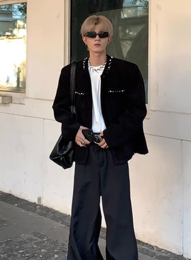 Med老叔 小众双口袋珍珠装饰垫肩短款外套韩版高级感小香风夹克潮