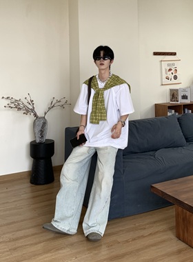 Med老叔 美式潮牌阳光干净男生穿搭T恤cleanfit短袖男白色T假两件