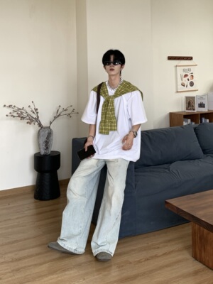 短袖潮男女短袖男白色T假两件