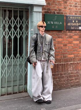 做旧水洗大口袋牛仔抽带垫肩外套