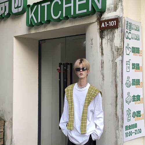 长袖潮男女撞色披肩圆领长袖T恤