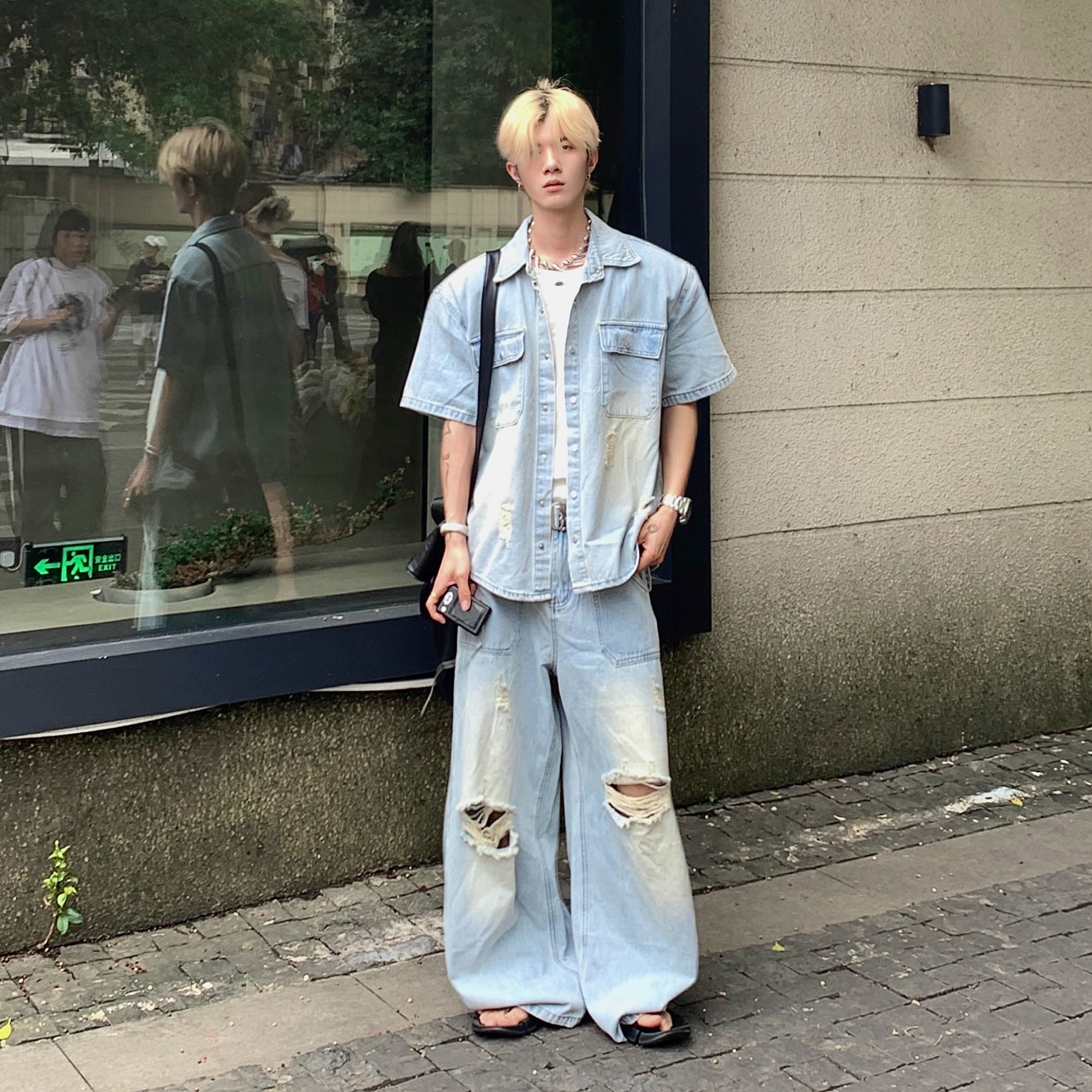 小众做旧牛仔套装衬衫牛仔直筒裤