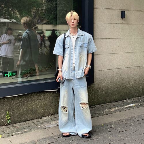小众做旧牛仔套装衬衫牛仔直筒裤