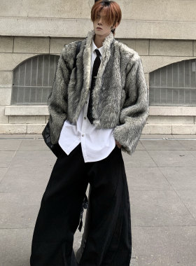 灰色立领短款外套毛皮草男