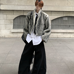 Med老叔 高定时髦感灰色仿狐狸毛毛皮草男高级感立领貂毛短款外套