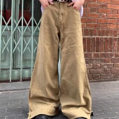 男翻折卷边拖地长裤 Med老叔 复古街头水洗休闲卡其色百搭牛仔裤 子