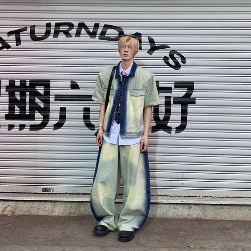 复古洗水拼色牛仔短袖外套牛仔裤